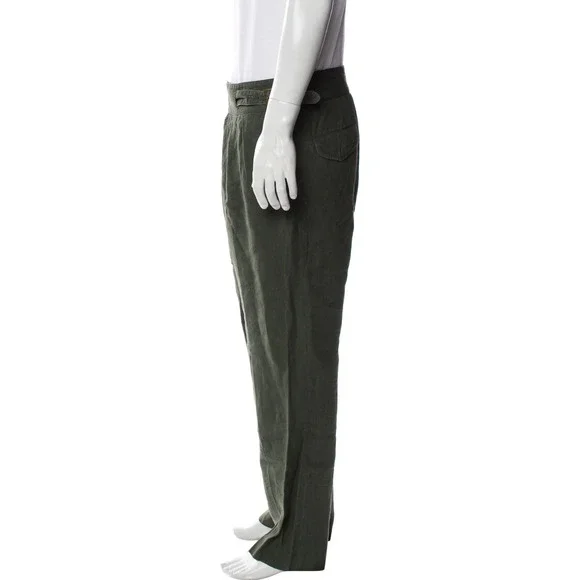 Rubinacci Manny Olive 100% Linen Ghurkha Trousers 48It Adjustable waist 32x28.5